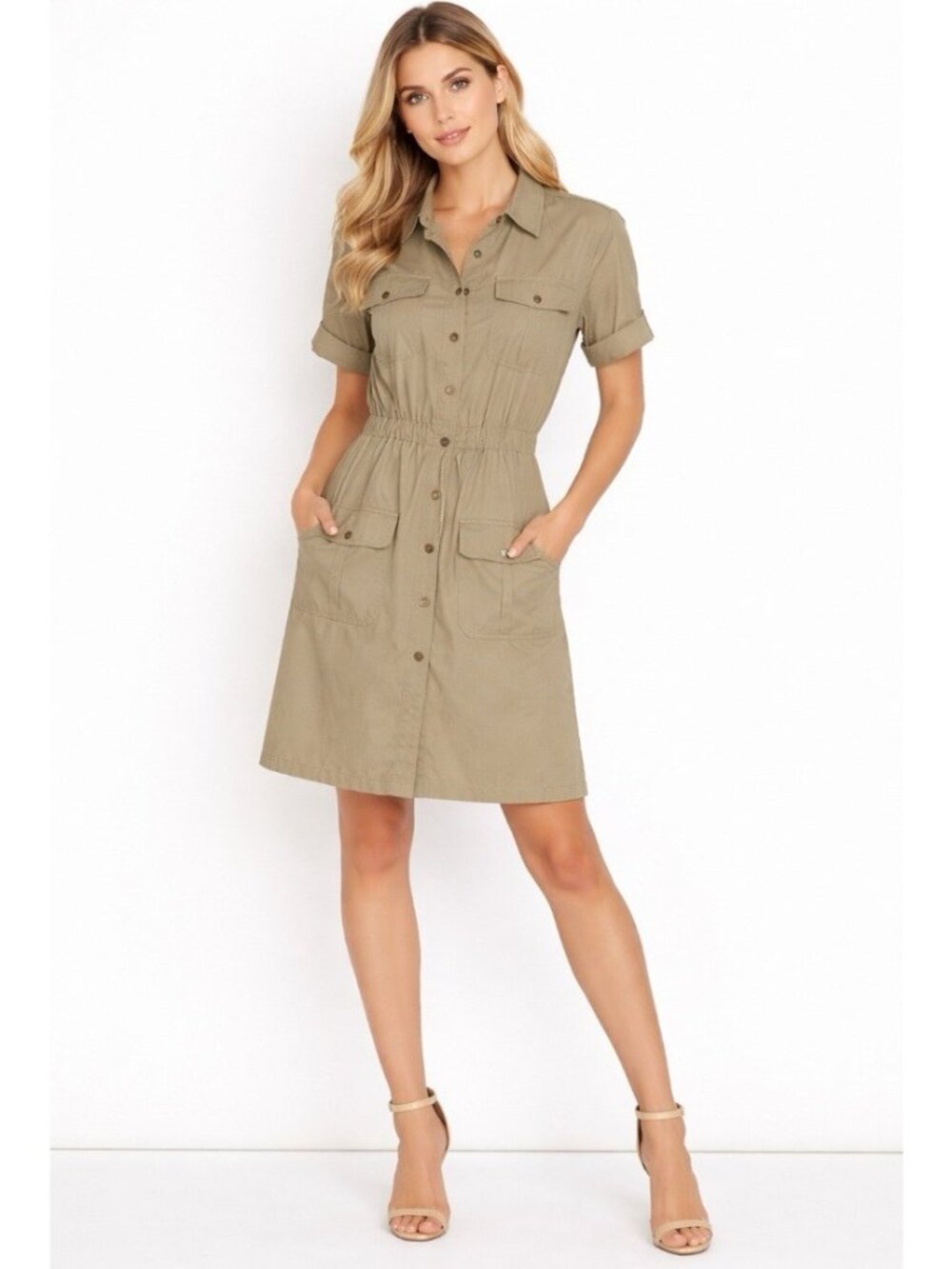J.G. Hook Cargo Dress Size 6 Khaki Safari Midi Cotton Vintage 1980s